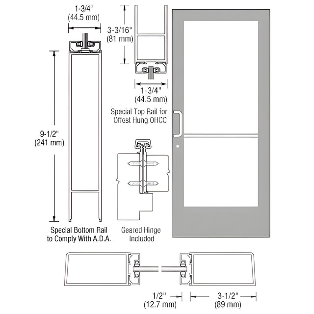CRL-U.S. Aluminum Clear Anodized Custom Single Series 400 Medium Stile Geared Hinge Entrance Door for Overhead Concealed Door Closer