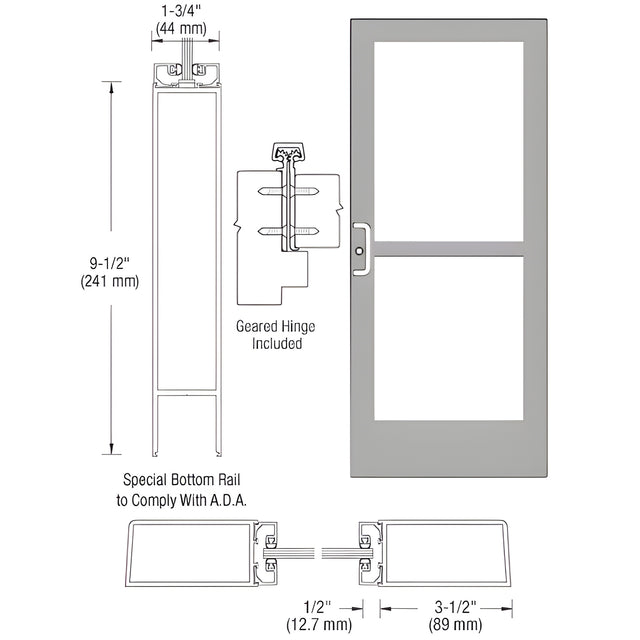 CRL-U.S. Aluminum Clear Anodized Custom Single Series 400 Medium Stile Geared Hinge Entrance Door With Rim Device for Surface Mount Door Closer