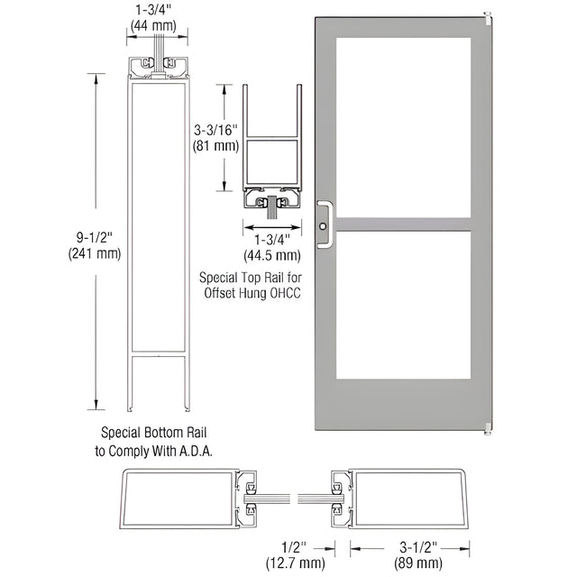 CRL-U.S. Aluminum Clear Anodized Custom Single Series 400 Medium Stile Offset Pivot Entrance Door With Panic for Overhead Concealed Door Closer