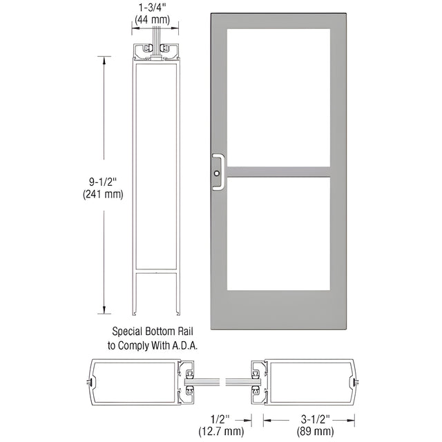 CRL-U.S. Aluminum Clear Anodized Custom Single Series 400 Medium Stile Center Pivot Entrance Door With Panic for Overhead Concealed Door Closer