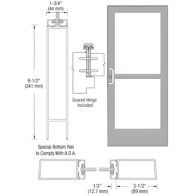 CRL-U.S. Aluminum Clear Anodized Custom Single Series 400 Medium Stile Geared Hinge Entrance Door With Panic for Surface Mount Door Closer