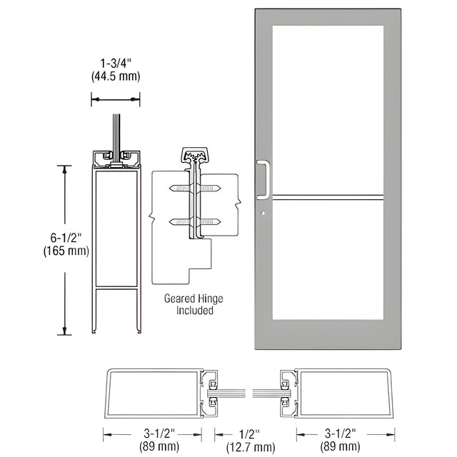 CRL-U.S. Aluminum Clear Anodized Custom Single Series 400 Medium Stile Geared Hinge Entrance Door for Surface Mount Door Closer