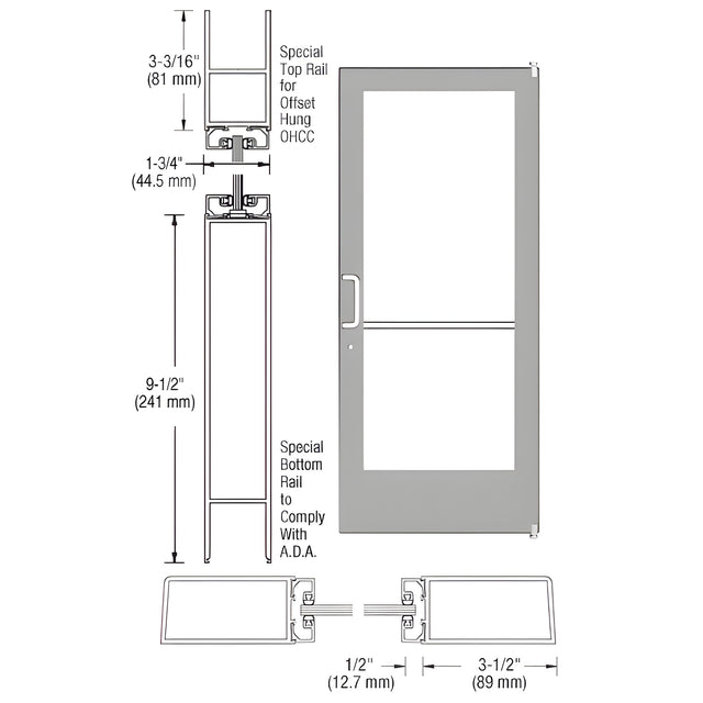 CRL-U.S. Aluminum Clear Anodized Custom Single Series 400 Medium Stile Offset Pivot Entrance Door for Overhead Concealed Door Closer