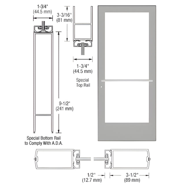 CRL-U.S. Aluminum Clear Anodized Custom Single Series 400 Medium Stile Center Pivot Entrance Door for Overhead Concealed Door Closer