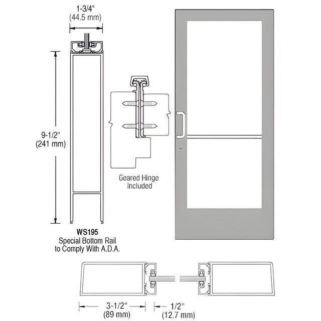 CRL-U.S. Aluminum Clear Anodized Custom Single Series 400 Medium Stile Offset Hung Geared Hinge Entrance Door for Surface Mount Closer