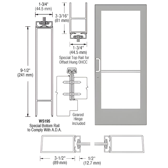 CRL-U.S. Aluminum Clear Anodized Custom Single Series 400 Medium Stile Offset Hung Geared Hinge Entrance Door for Overhead Concealed Door Closer