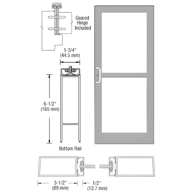CRL-U.S. Aluminum Clear Anodized Custom Single Series 400 Medium Stile Offset Hung Geared Hinge Entrance Door For Panic and Surface Mount Door Closer