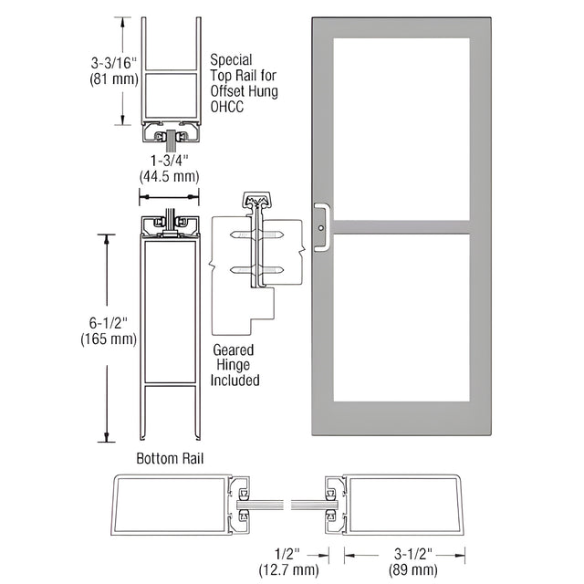 CRL-U.S. Aluminum Clear Anodized Custom Single Series 400 Medium Stile Offset Hung Geared Hinge Entrance Door For Panic and Overhead Concealed Door Closer