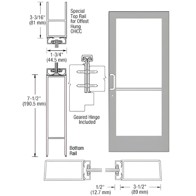 CRL-U.S. Aluminum Clear Anodized Custom Single Series 400 Medium Stile Geared Hinge Entrance Door for Overhead Concealed Door Closer