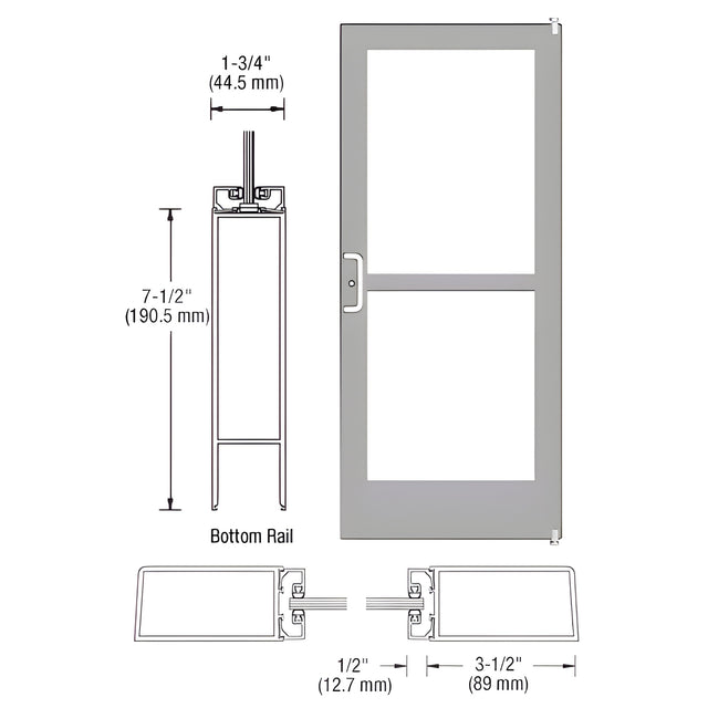 CRL-U.S. Aluminum Clear Anodized Custom Single Series 400 Medium Stile Offset Pivot Entrance Door With Panic for Surface Mount Door Closer