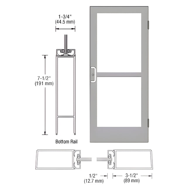 CRL-U.S. Aluminum Clear Anodized Custom Single Series 400 Medium Stile Butt Hinged Entrance Door With Panic for Surface Mount Door Closer