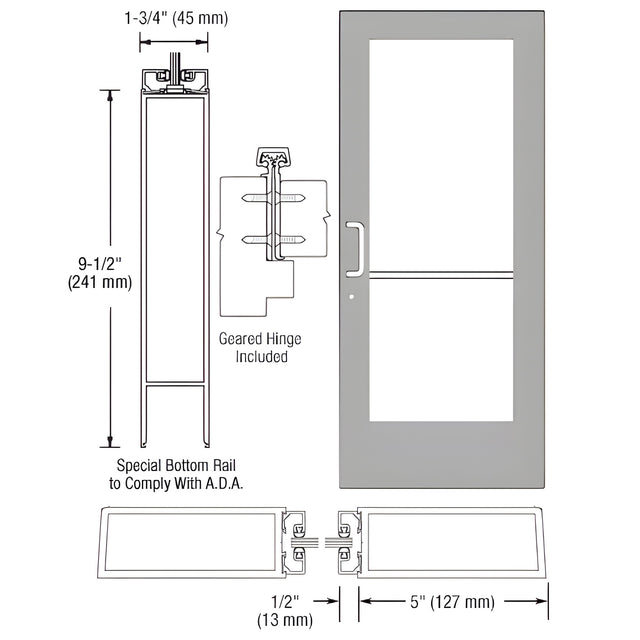 CRL-U.S. Aluminum Clear Anodized Custom Single Series 550 Wide Stile Geared Hinge Entrance Door for Surface Mount Door Closer