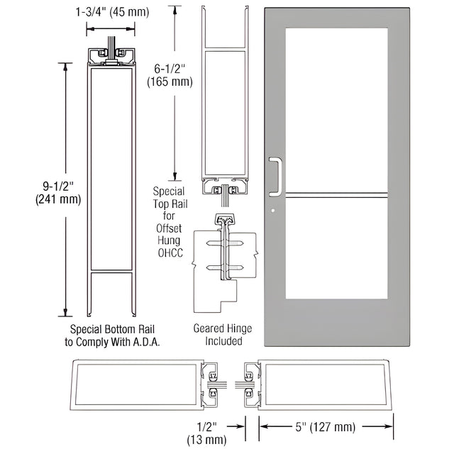 CRL-U.S. Aluminum Clear Anodized Custom Single Series 550 Wide Stile Geared Hinge Entrance Door for Overhead Concealed Door Closer