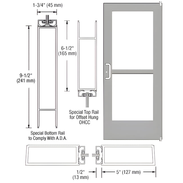 CRL-U.S. Aluminum Clear Anodized Custom Single Series 550 Wide Stile Offset Pivot Entrance Door With Panic for Overhead Concealed Door Closer