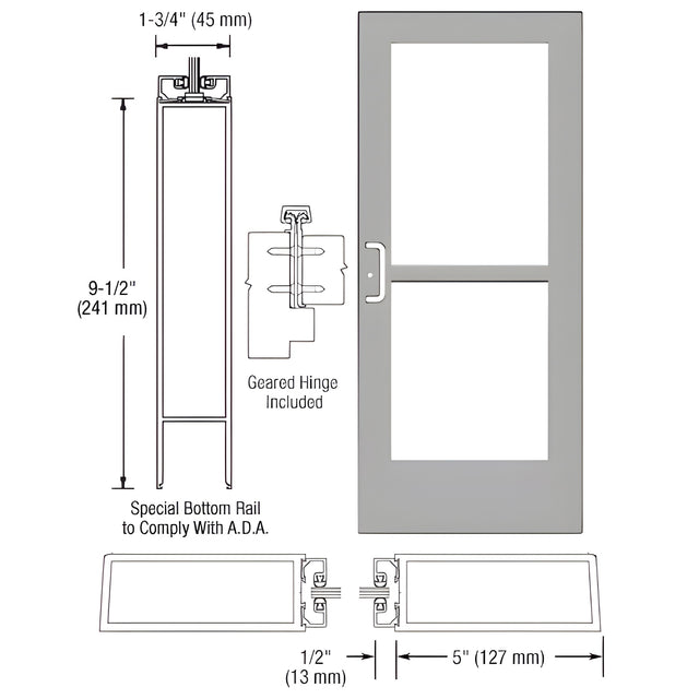 CRL-U.S. Aluminum Clear Anodized Custom Single Series 550 Wide Stile Geared Hinge Entrance Door With Panic for Surface Mount Door Closer
