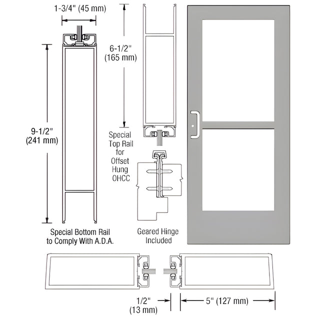 CRL-U.S. Aluminum Clear Anodized Custom Single Series 550 Wide Stile Geared Hinge Entrance Door with Panic for Overhead Concealed Door Closer