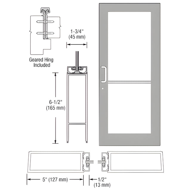 CRL-U.S. Aluminum Clear Anodized Custom Single Series 550 Wide Stile Geared Hinge Entrance Door for Surface Mount Door Closer
