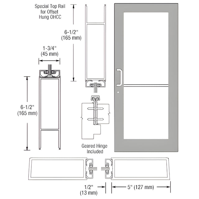 CRL-U.S. Aluminum Clear Anodized Custom Single Series 550 Wide Stile Geared Hinge Entrance Door for Overhead Concealed Door Closer