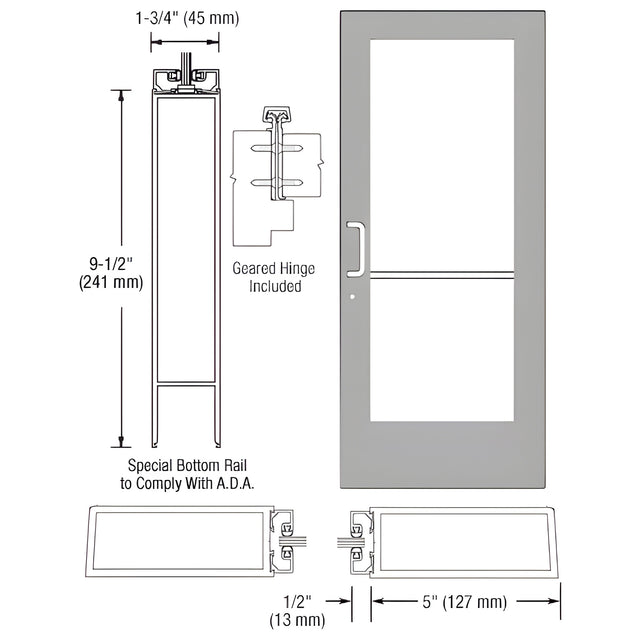CRL-U.S. Aluminum Clear Anodized Custom Single Series 550 Wide Stile Geared Hinge Entrance Door for Surface Mount Door Closer