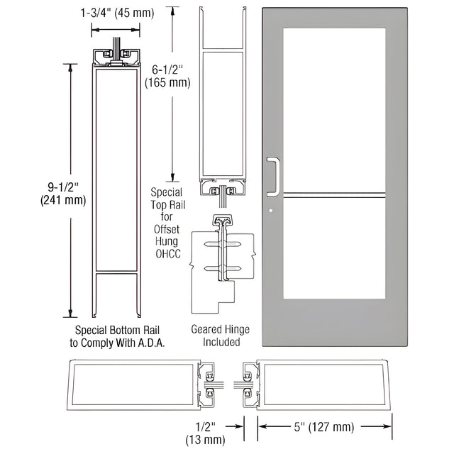 CRL-U.S. Aluminum Clear Anodized Custom Single Series 550 Wide Stile Geared Hinge Entrance Door for Overhead Concealed Door Closers