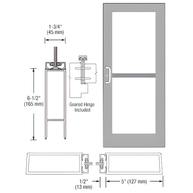 CRL-U.S. Aluminum Clear Anodized Custom Single Series 550 Wide Stile Geared Hinge Entrance Door For Panic and Surface Mount Door Closer