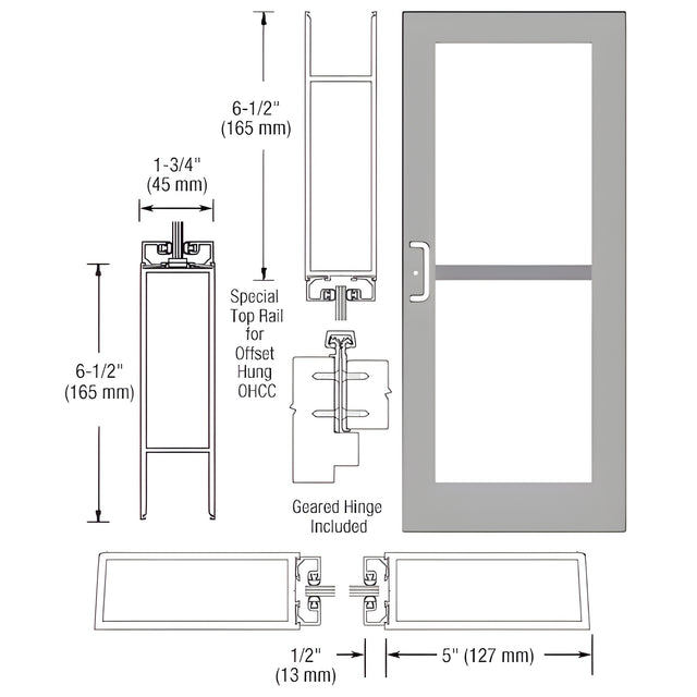 CRL-U.S. Aluminum Clear Anodized Custom Single Series 550 Wide Stile Geared Hinge Entrance Door for Panic and Overhead Concealed Door Closer
