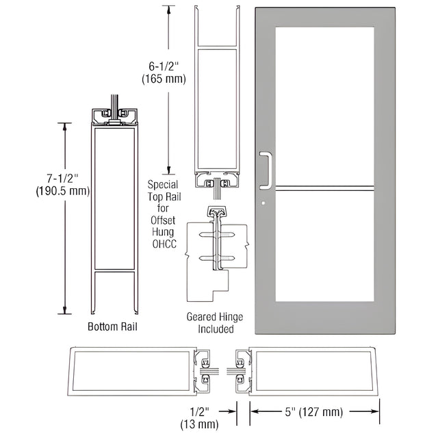 CRL-U.S. Aluminum Clear Anodized Custom Single Series 550 Wide Stile Geared Hinge Entrance Door for Overhead Concealed Door Closer