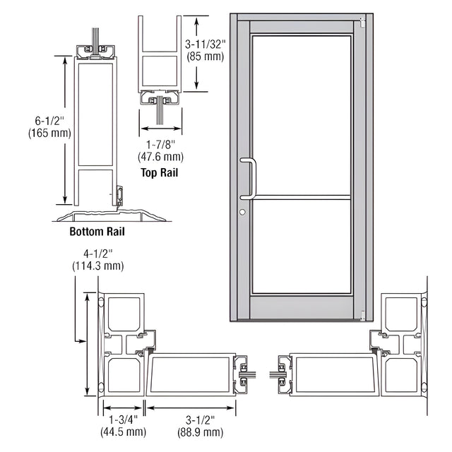 CRL-U.S. Aluminum Clear Anodized Custom Single Series 800 Durafront Medium Stile Offset Pivot Entrance Door for Surface Mount Door Closer