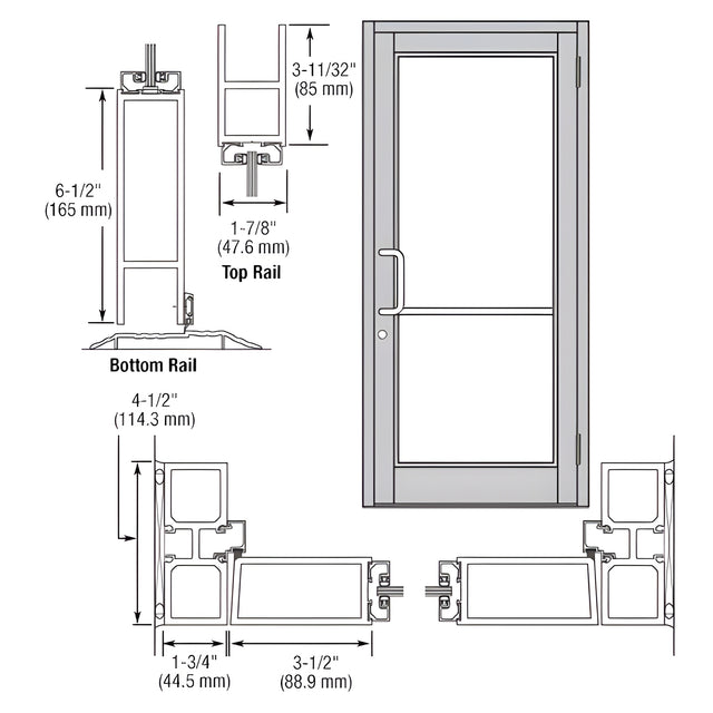 CRL-U.S. Aluminum Clear Anodized Custom Single Series 800 Durafront Medium Stile Butt Hinge Entrance Door for Surface Mount Door Closer