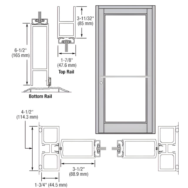 CRL-U.S. Aluminum Clear Anodized Custom Single Series 800 Durafront Medium Stile Center Pivot Entrance Door for Overhead Concealed Door Closer