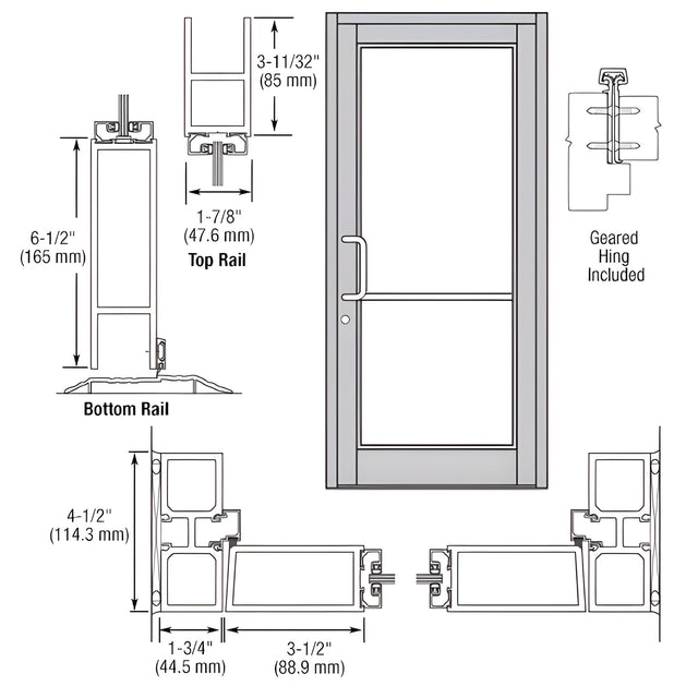 CRL-U.S. Aluminum Clear Anodized Custom Single Series 800 Durafront Medium Stile Geared Hinge Entrance Door for Surface Mount Door Closer