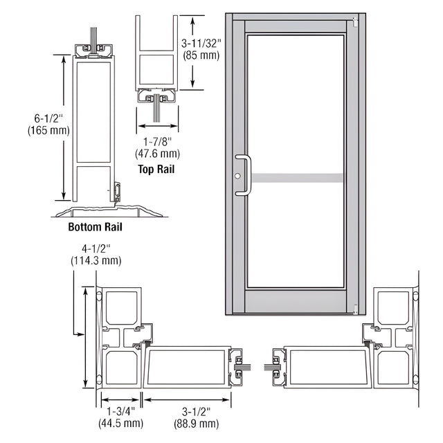 CRL-U.S. Aluminum Clear Anodized Custom Single Series 800 Durafront Medium Stile Offset Pivot Entrance Door For Panic and Surface Mount Door Closer
