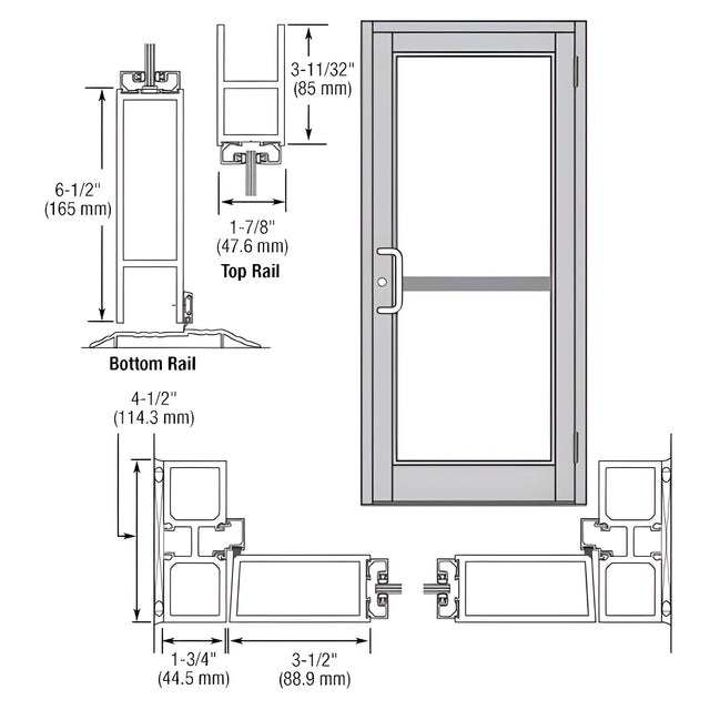 CRL-U.S. Aluminum Clear Anodized Custom Single Series 800 Durafront Medium Stile Butt Hinge Entrance Door for Panic and Surface Mount Door Closer