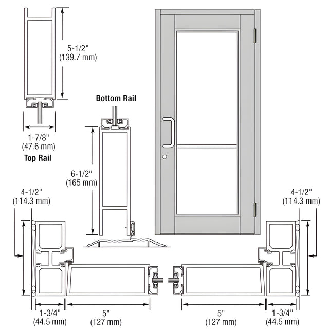 CRL-U.S. Aluminum Clear Anodized Custom Single Series 850 Durafront Wide Stile Butt Hinged Entrance Door for Surface Mount Door Closer
