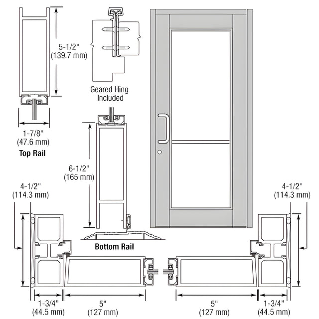 CRL-U.S. Aluminum Clear Anodized Custom Single Series 850 Durafront Wide Stile Geared Hinge Entrance Door for Surface Mount Door Closer