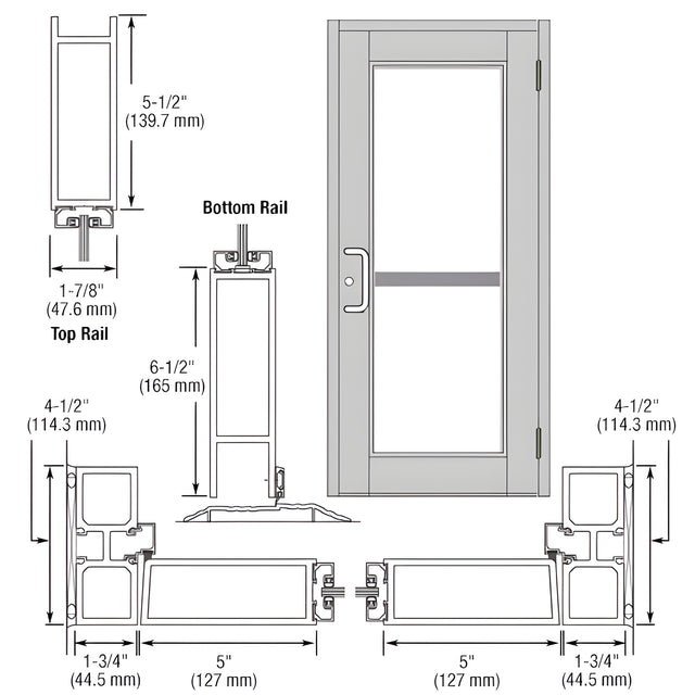 CRL-U.S. Aluminum Clear Anodized Custom Single Series 850 Durafront Wide Stile Butt Hinged Entrance Door For Panic and Surface Mount Door Closer