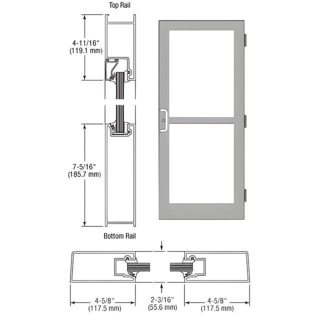 CRL-U.S. Aluminum Clear Anodized Custom Single StormFront™ Series 400 Medium Stile Butt Hinged Entrance Door For Panic and Surface Mount Door Closer