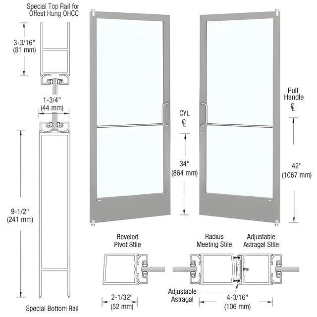 CRL-U.S. Aluminum Clear Anodized Custom Size Pair Series 250 Narrow Stile Offset Pivot Entrance Doors for Overhead Concealed Door Closers
