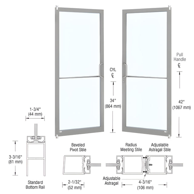 CRL-U.S. Aluminum Clear Anodized Custom Size Pair Series 250 Narrow Stile Offset Pivot Showroom Doors For Surface Mount Door Closers