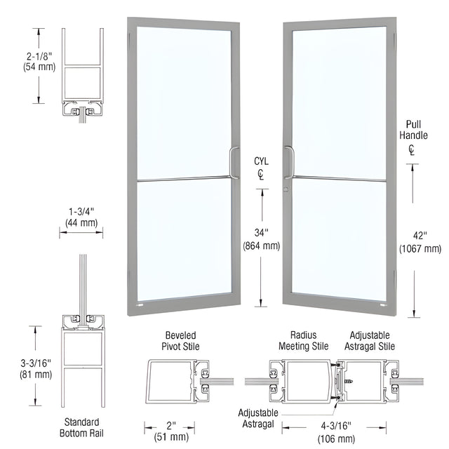 CRL-U.S. Aluminum Clear Anodized Custom Size Pair Series 250 Narrow Stile Butt Hinge Showroom Doors for Surface Mount Door Closers