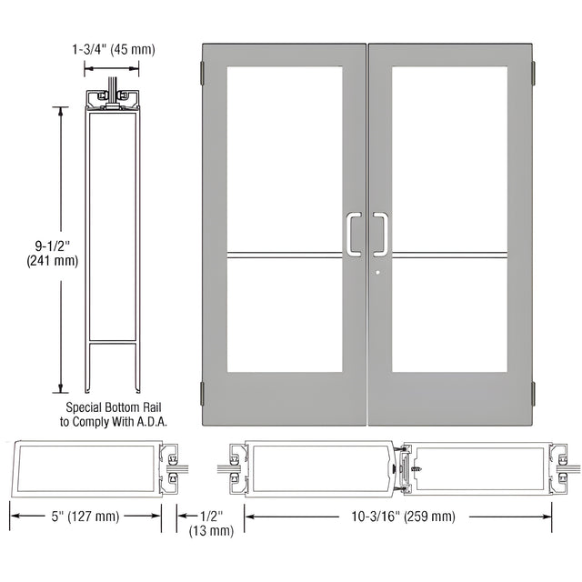 CRL-U.S. Aluminum Clear Anodized Custom Size Pair Series 550 Wide Stile Butt Hinge Entrance Door for Surface Mount Door Closers