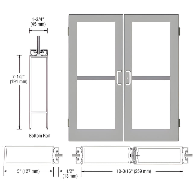 CRL-U.S. Aluminum Clear Anodized Custom Size Pair Series 550 Wide Stile Butt Hinge Entrance Door With Panics for Surface Mount Door Closers