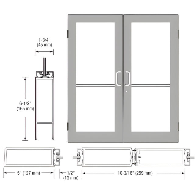 CRL-U.S. Aluminum Clear Anodized Custom Size Pair Series 550 Wide Stile Butt Hinge Showroom Doors for Surface Mount Door Closers