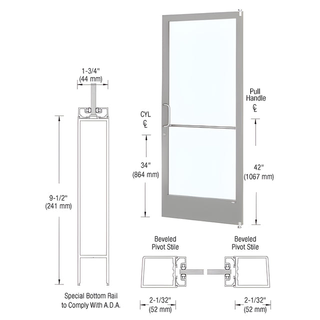 CRL-U.S. Aluminum Clear Anodized Custom Size Single Series 250 Narrow Stile Offset Pivot Entrance Door for Surface Mount Door Closer