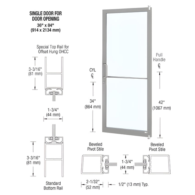 CRL-U.S. Aluminum Clear Anodized Custom Size Single Series 250 Narrow Stile Offset Pivot Entrance Door for Overhead Concealed Door Closer