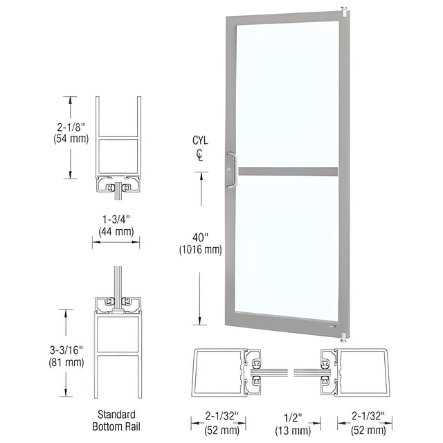 CRL-U.S. Aluminum Clear Anodized Custom Size Single Series 250 Narrow Stile Offset Pivot Entrance Door With Rim Device, ADA Bottom Rail for Surface Mount Door Closer