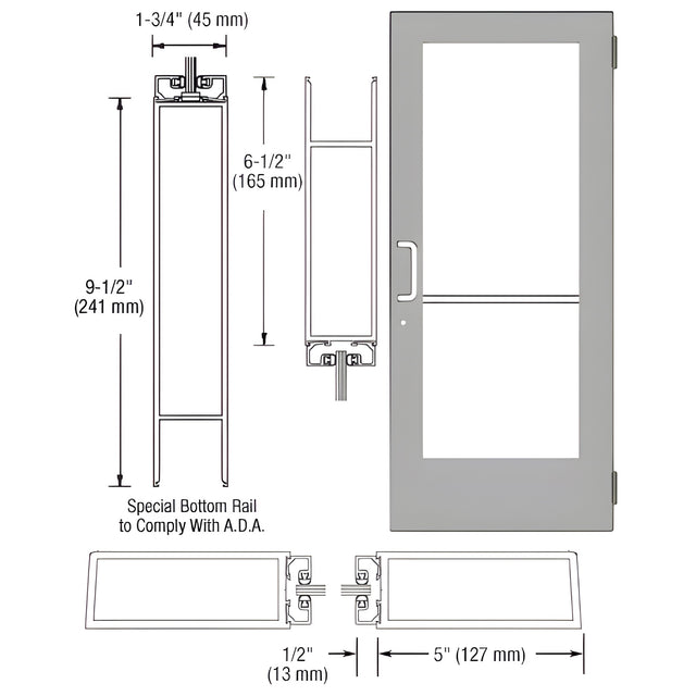 CRL-U.S. Aluminum Clear Anodized Custom Size Single Series 550 Wide Stile Butt Hinge Entrance Door for Overhead Concealed Door Closer