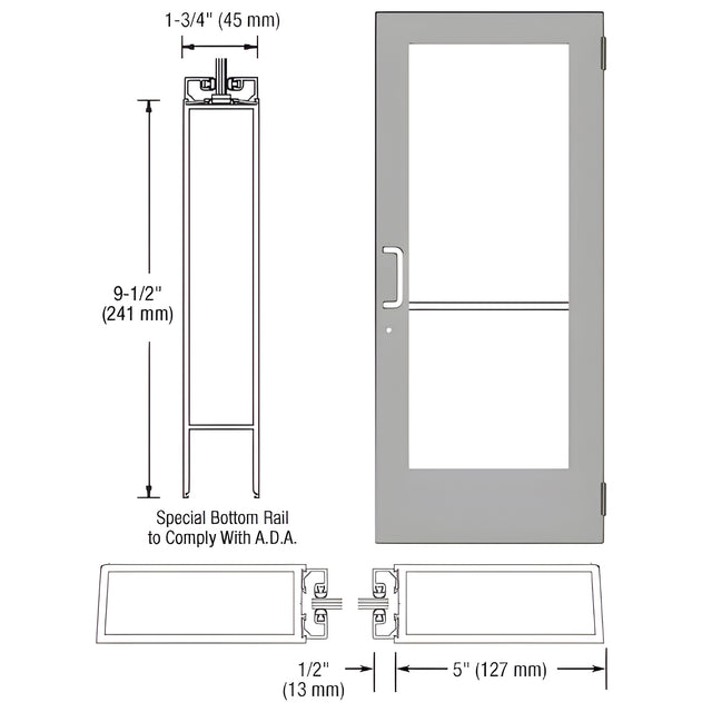 CRL-U.S. Aluminum Clear Anodized Custom Size Single Series 550 Wide Stile Butt Hinge Entrance Door for Surface Mount Door Closer