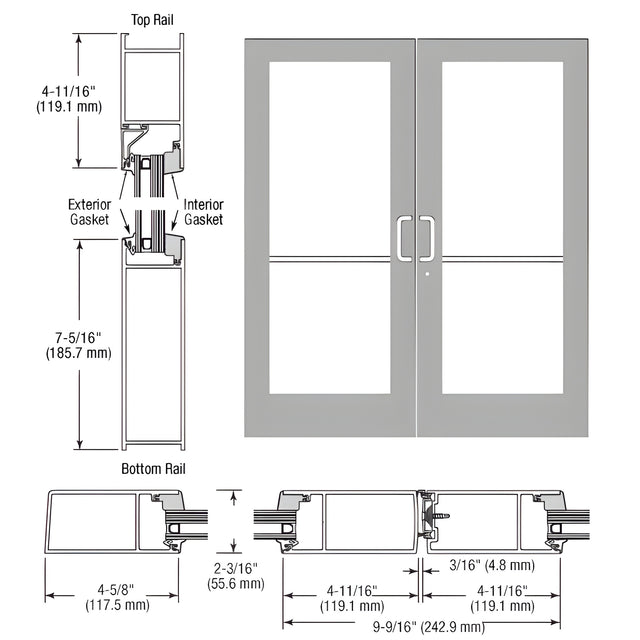 CRL-U.S. Aluminum Clear Anodized IG600 Series Custom Pair StormFront™ Gear Hinged Entrance for Surface Closer