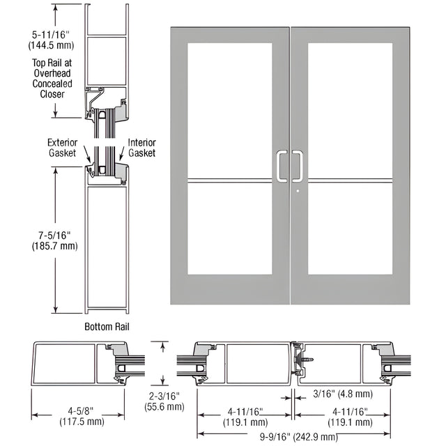 CRL-U.S. Aluminum Clear Anodized IG600 Series Custom Pair StormFront™ Gear Hinged Entrance for Concealed Overhead Closer